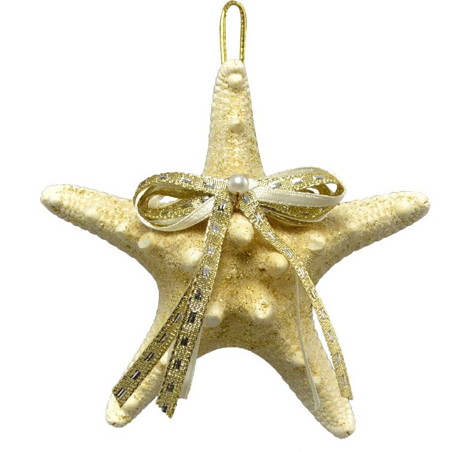 Gold Bow White Knobby Starfish Ornament 4-6"