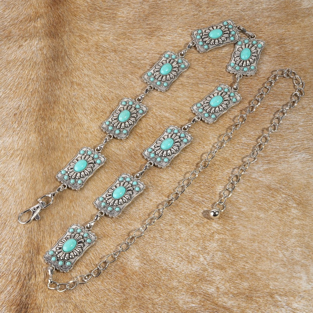 Turquoise Stone Detail Western Concho Chain Belt