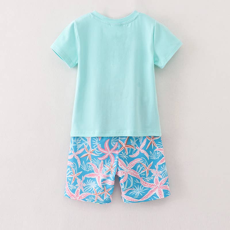 Summer Boys Blue Coral Starfish Short Sleeve Top Shorts Set