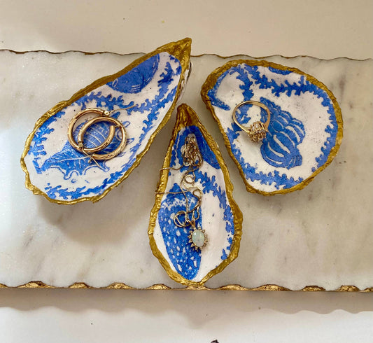 Blue Seashell Print Oyster Jewelry Dish