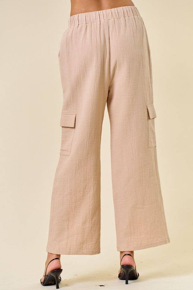 EMBROIDERED COTTON GAUZE ELASTIC CARGO PANTS - 8834P