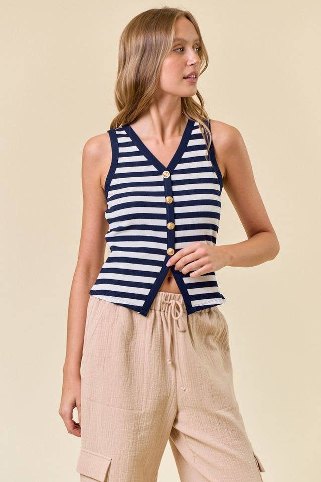 STRIPE KNIT BUTTON FRONT TANK - 45176T