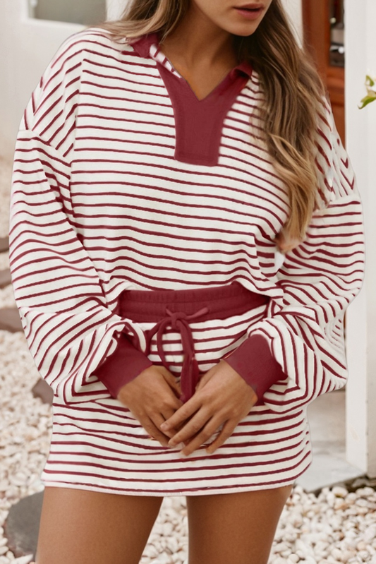 LDC Striped Collared V Neck Pullover and Skirt 2pcs Outfit