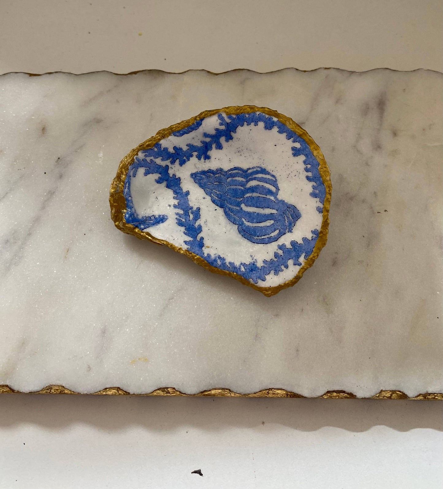 Blue Seashell Print Oyster Jewelry Dish