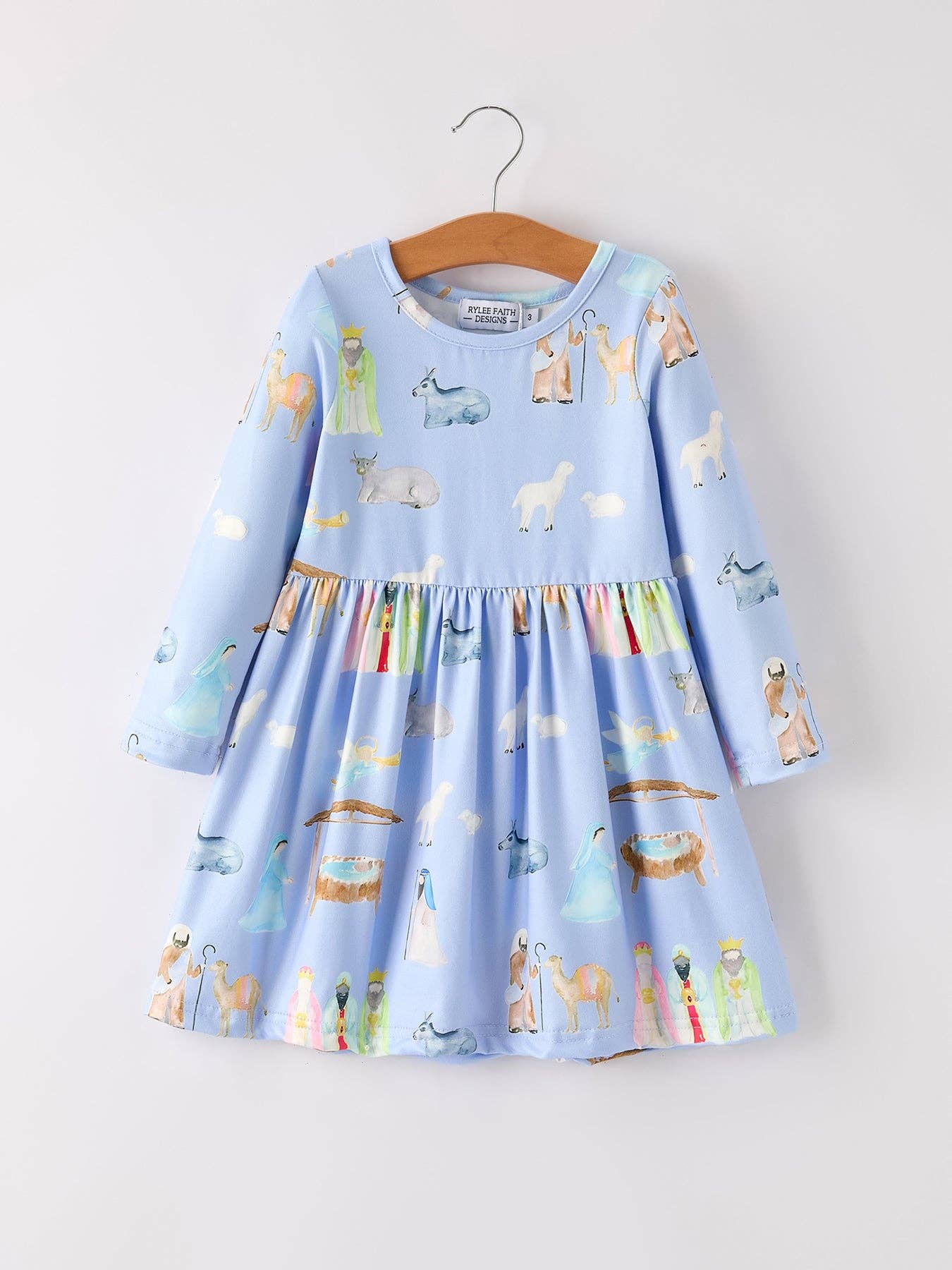 Winter Christmas Nativity Print Girls Long Sleeve Dress
