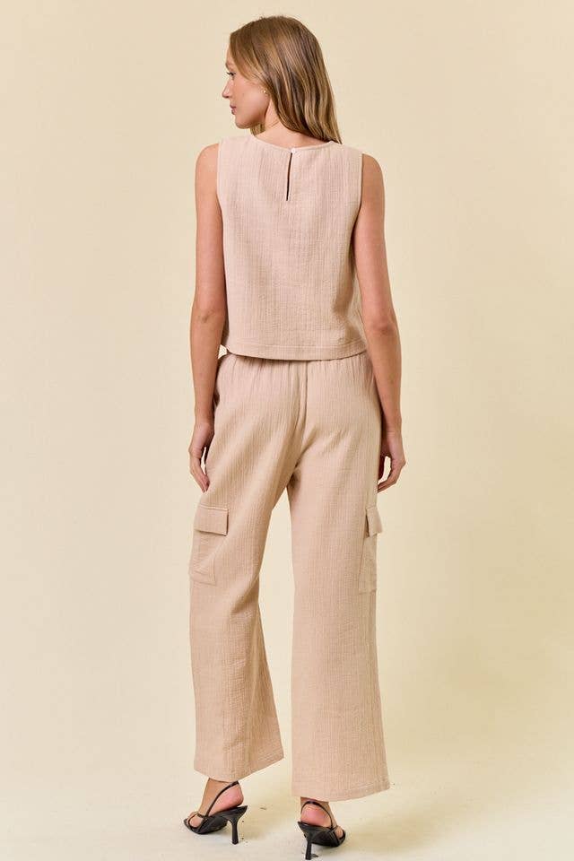 EMBROIDERED COTTON GAUZE ELASTIC CARGO PANTS - 8834P