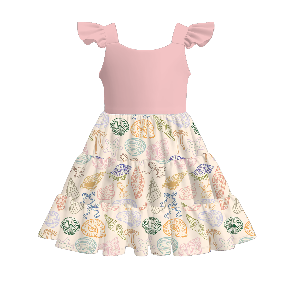 Girls Summer Pink Sea Themed Conch Print Patchwork Dress