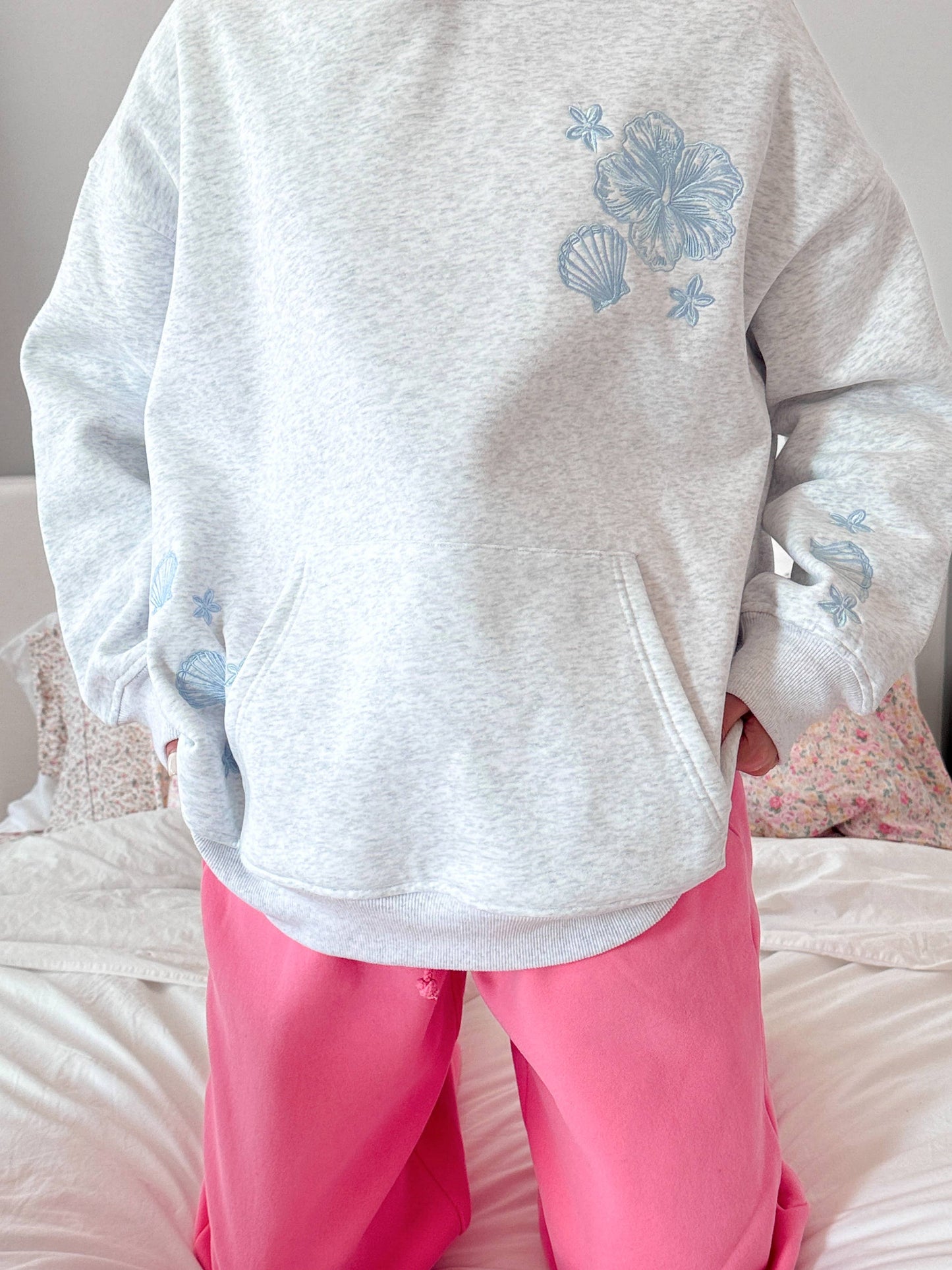 Pearl Grey Tropical Embroider Hoodie