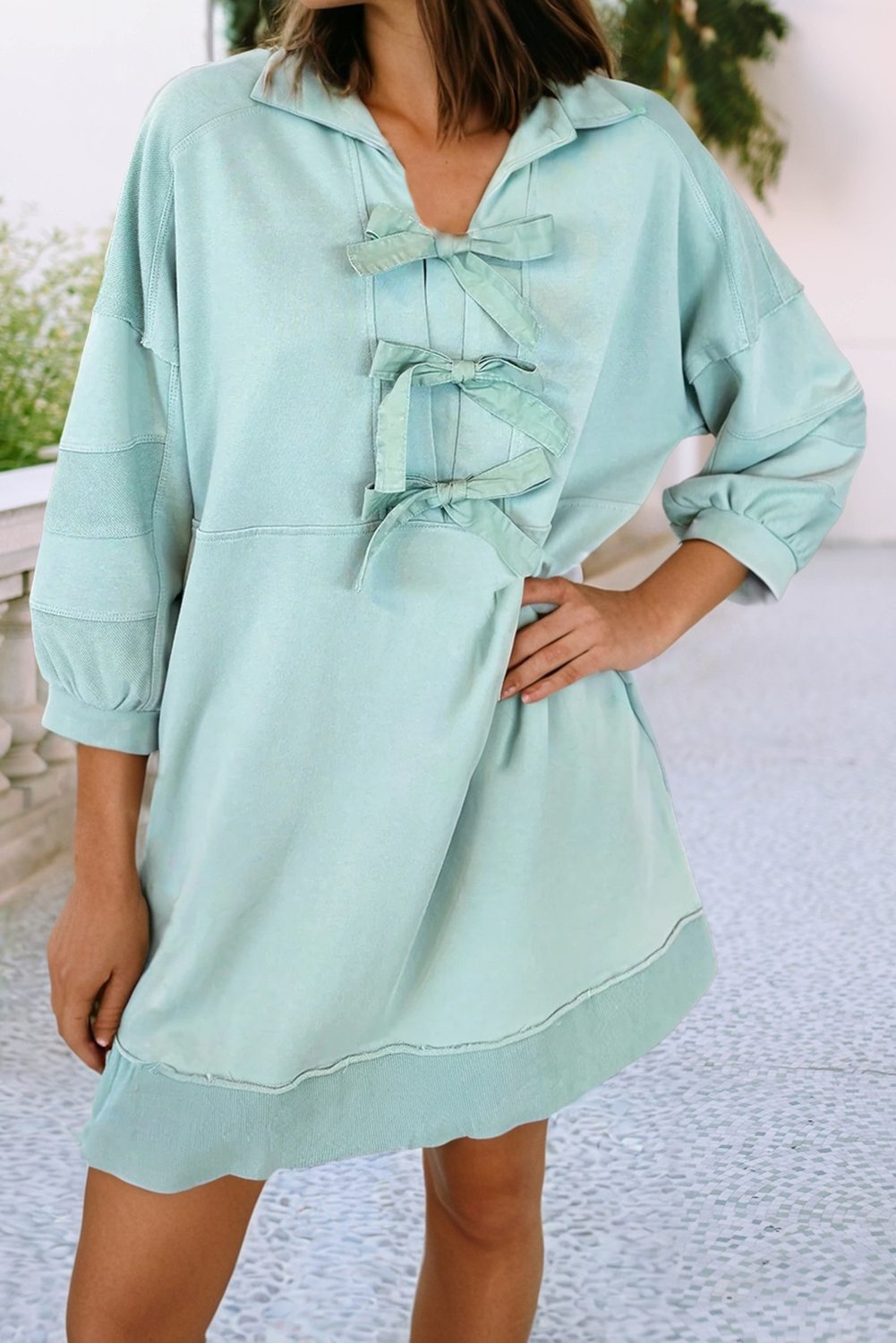 LDC Bow Bracelet Sleeve Collared Side Pocket Mini Dress