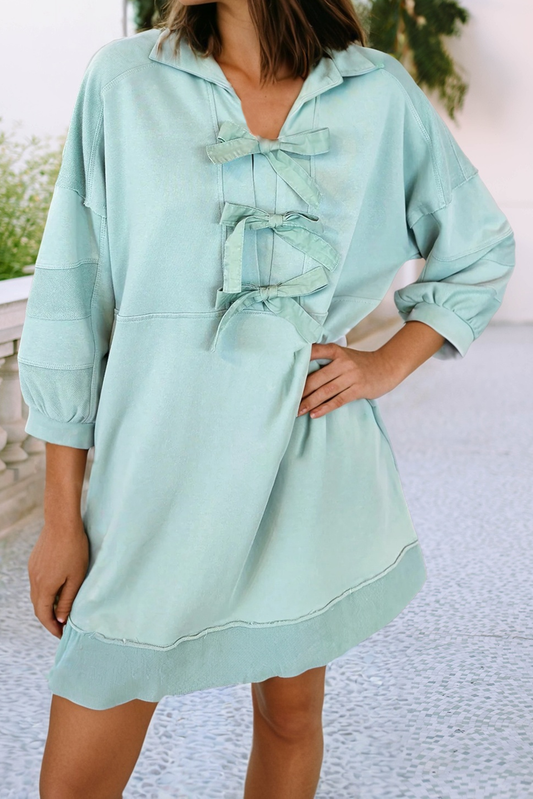 LDC Bow Bracelet Sleeve Collared Side Pocket Mini Dress