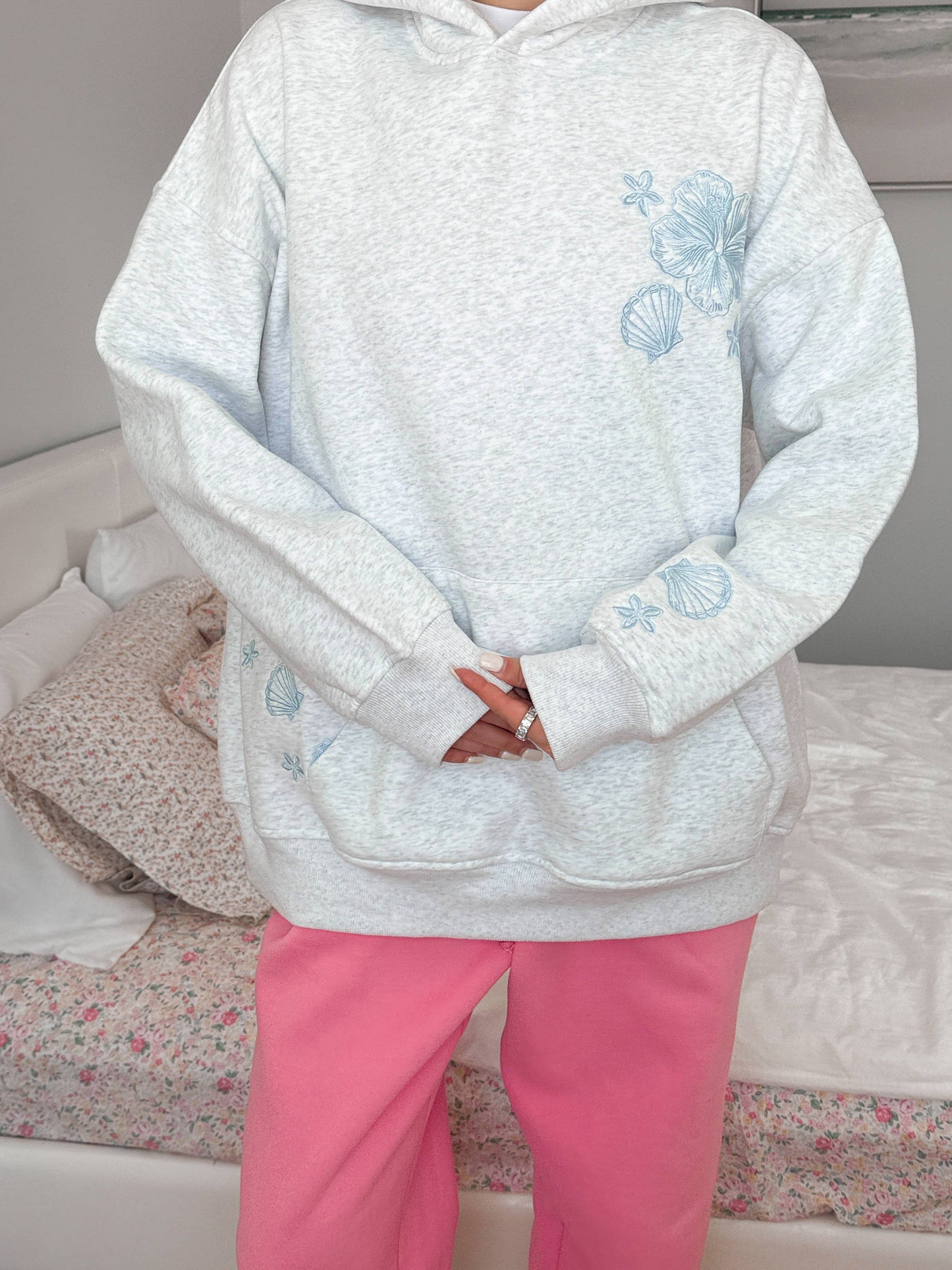 Pearl Grey Tropical Embroider Hoodie