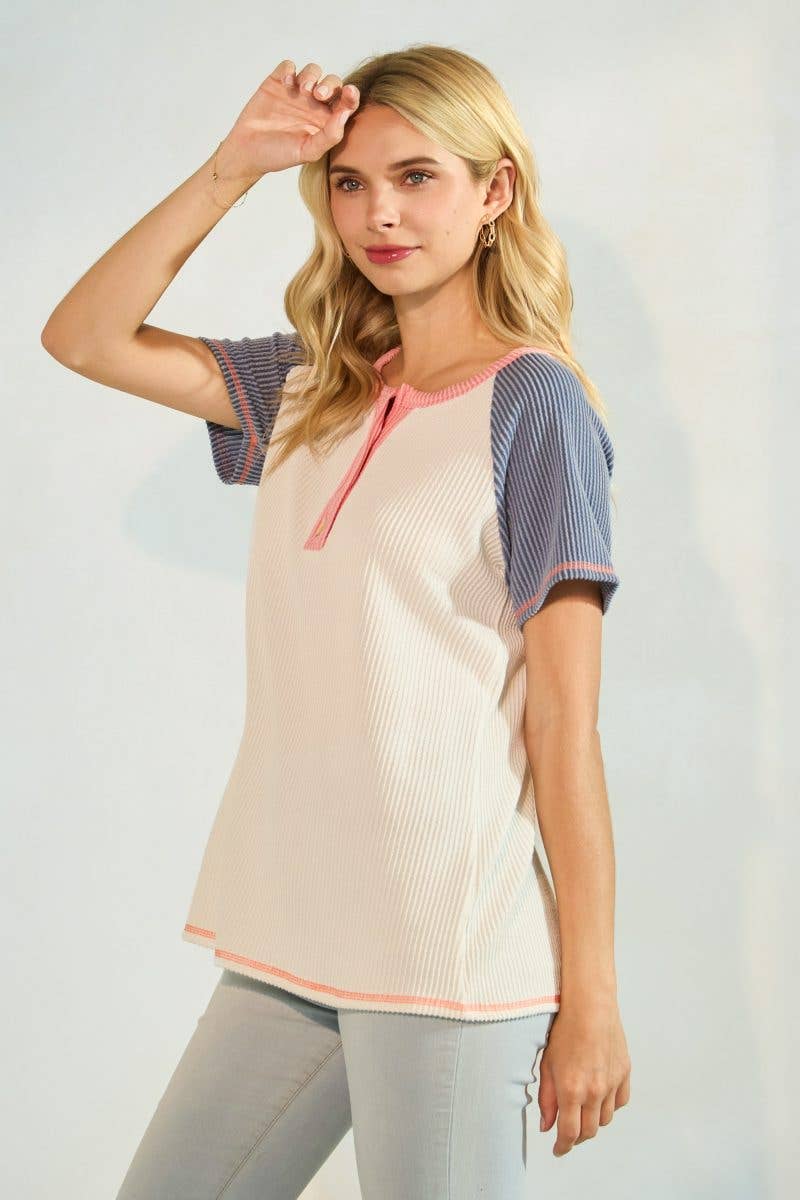 Rib Color Block Button Front Henley Top