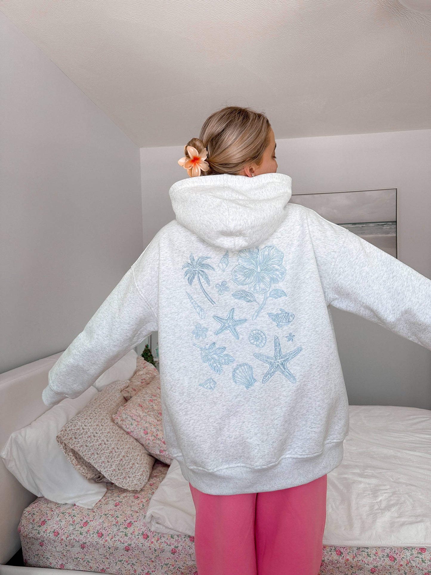 Pearl Grey Tropical Embroider Hoodie