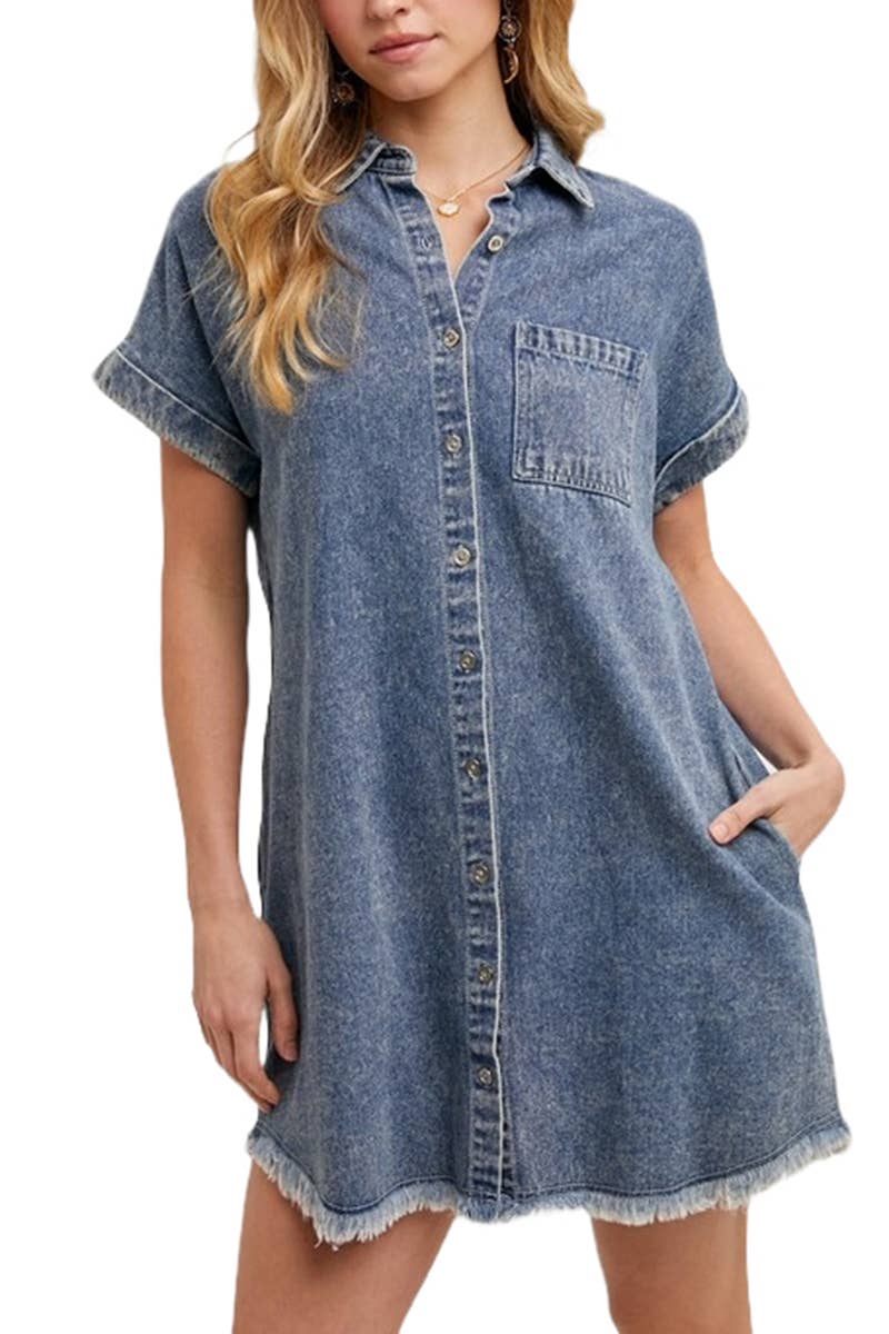 Frayed Hem Denim Shirt Dress