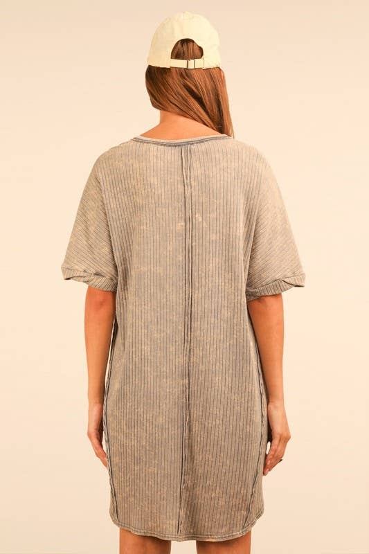 Mineral Washed Ribbed Knit Shift Mini Dress