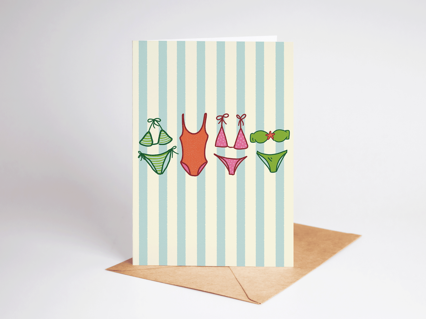 Summer Swimsuits Striped Beach Coastal Greeting Card