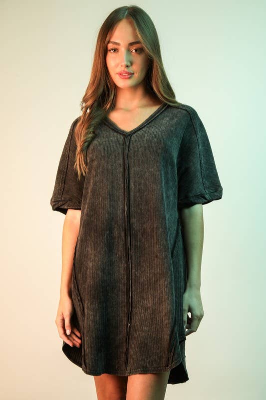 Mineral Washed Ribbed Knit Shift Mini Dress