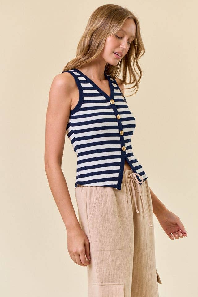 STRIPE KNIT BUTTON FRONT TANK - 45176T