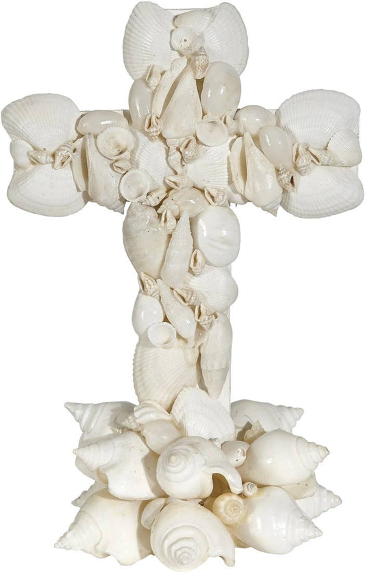 White Shell Cross on Stand 8"