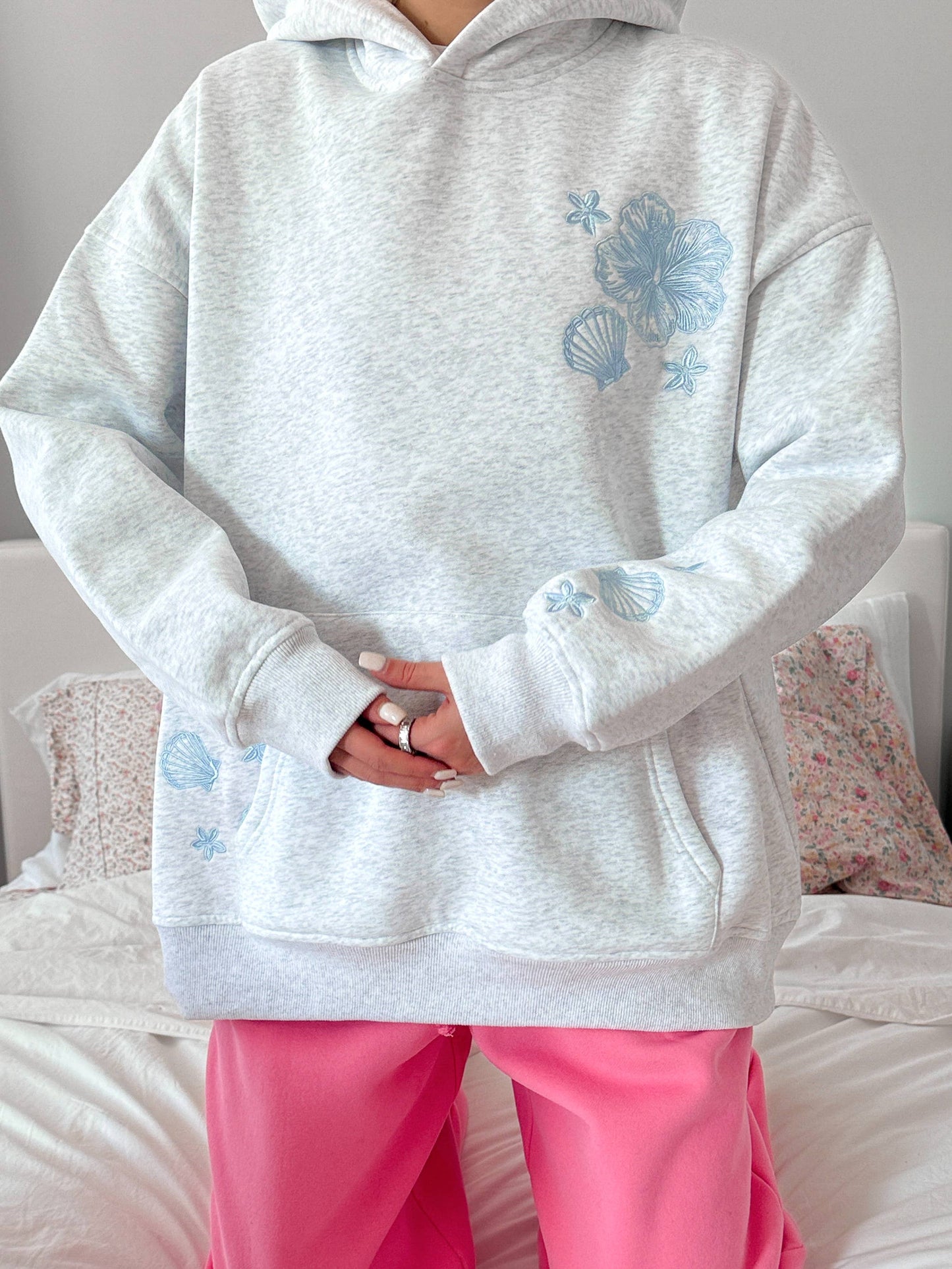 Pearl Grey Tropical Embroider Hoodie