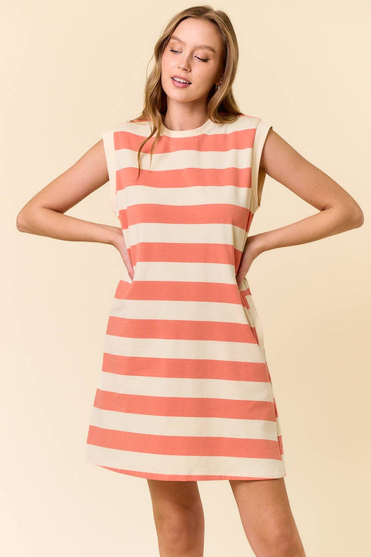 RUGBY STRIPED FRENCH TERRY CAP SLEEVE MINI DRESS - 27831D
