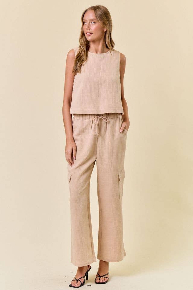 EMBROIDERED COTTON GAUZE ELASTIC CARGO PANTS - 8834P