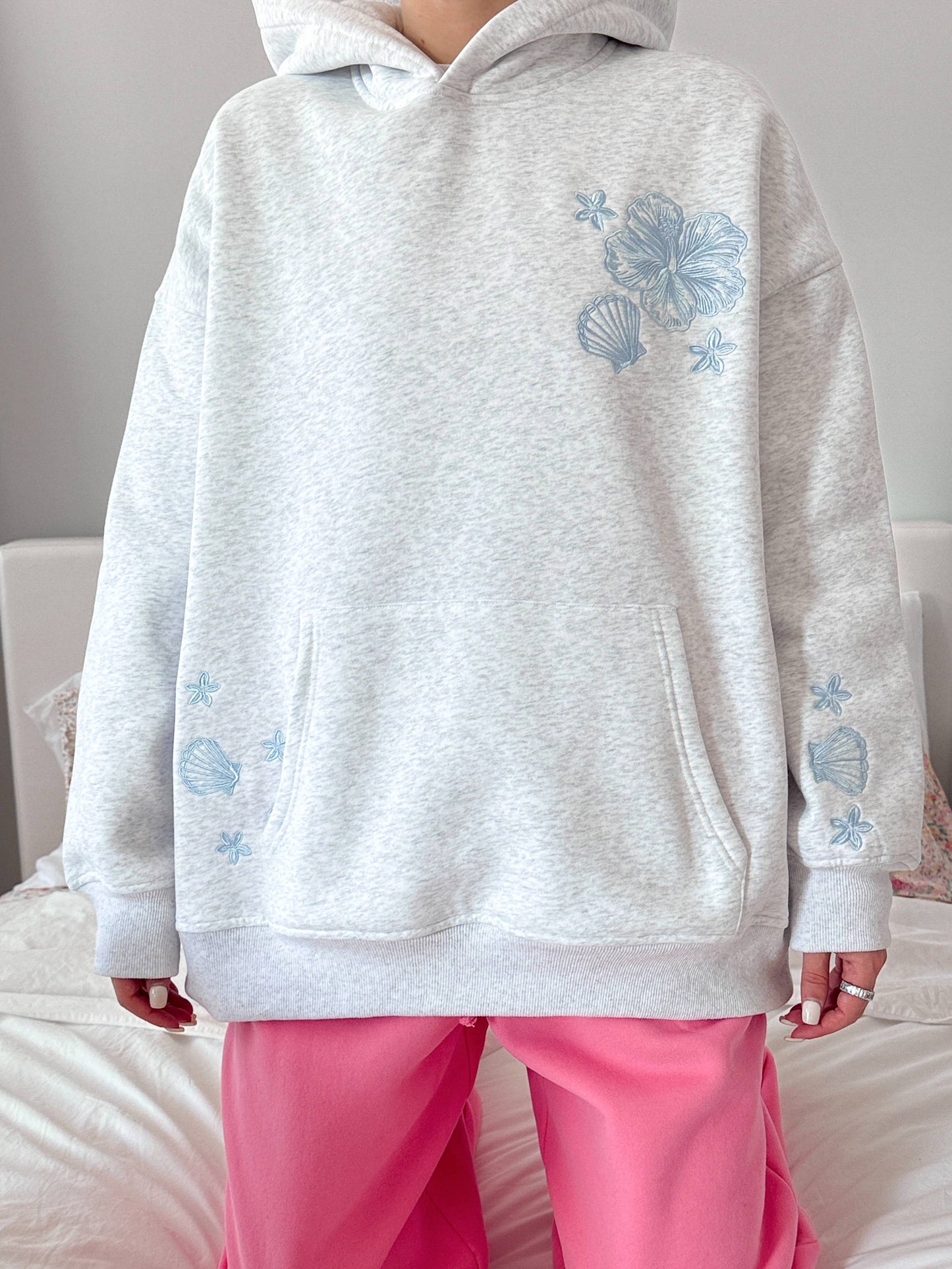 Pearl Grey Tropical Embroider Hoodie