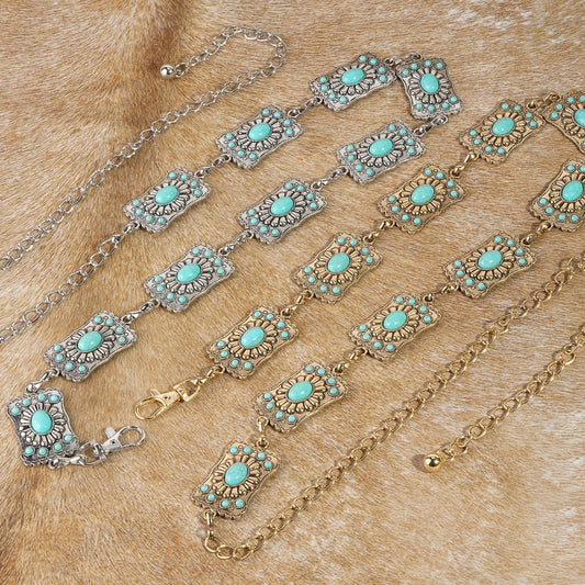 Turquoise Stone Detail Western Concho Chain Belt