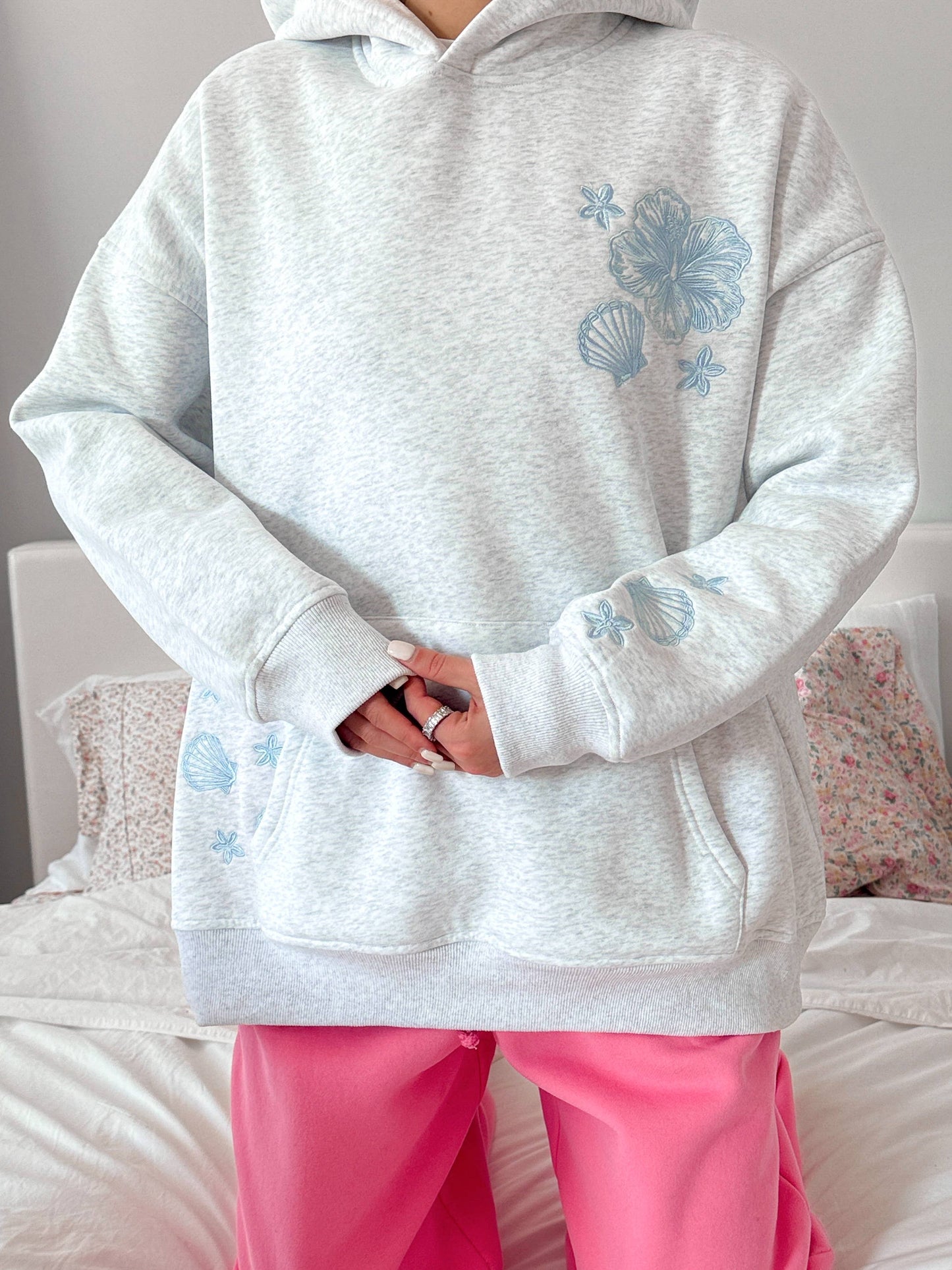 Pearl Grey Tropical Embroider Hoodie
