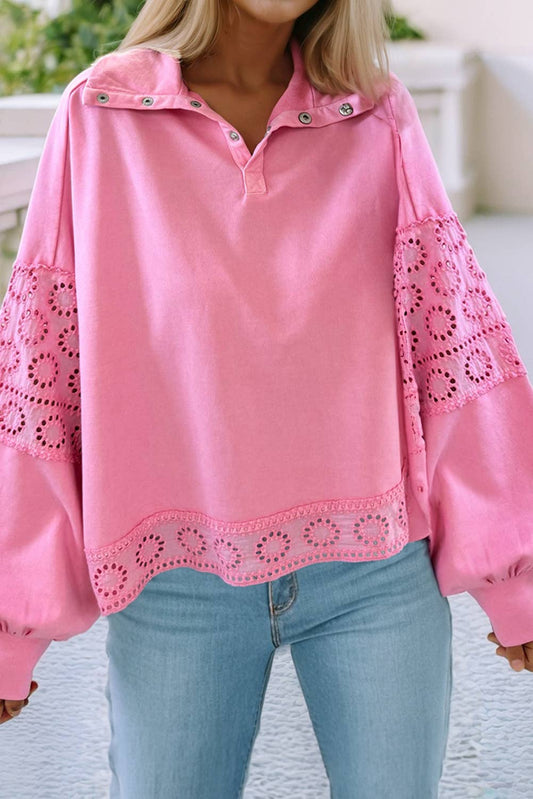 LDC Embroidered Flower Snap Buttons Pullover Sweatshirt