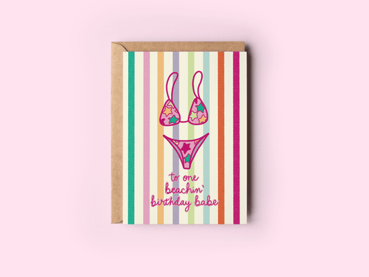 Beachin' Birthday Babe Swimsuit Beach Coastal Greeting Card
