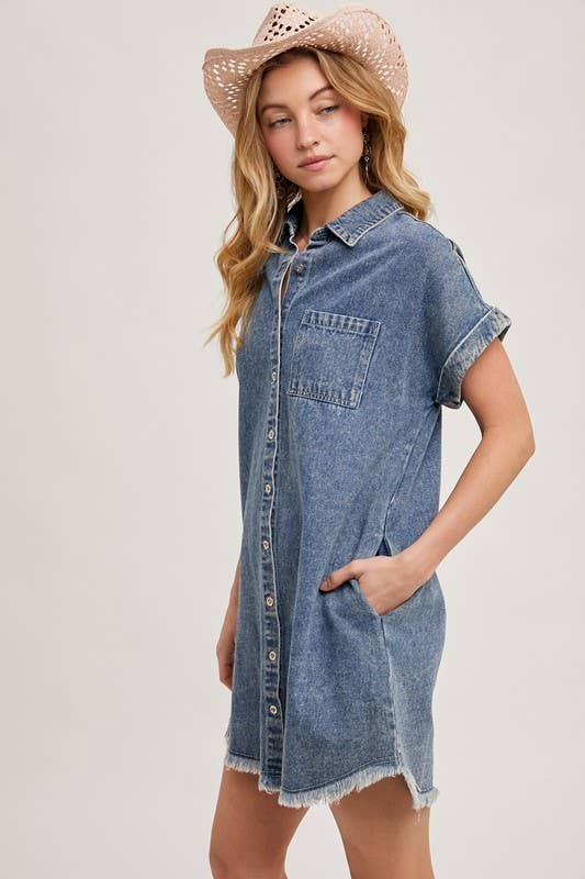 Frayed Hem Denim Shirt Dress