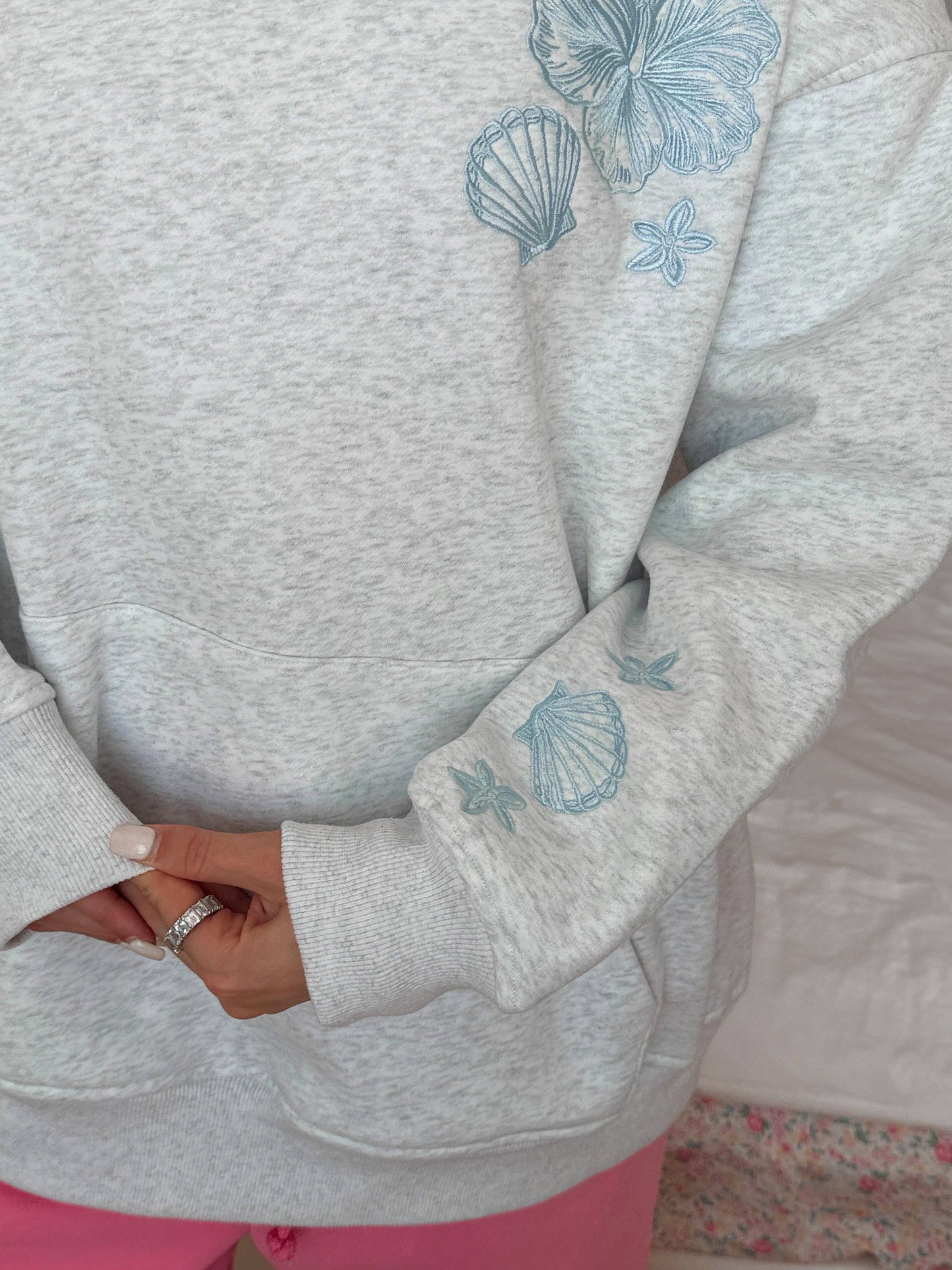 Pearl Grey Tropical Embroider Hoodie