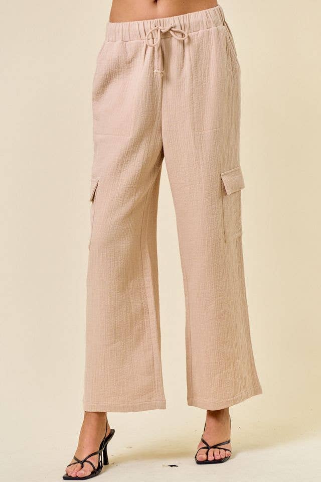 EMBROIDERED COTTON GAUZE ELASTIC CARGO PANTS - 8834P
