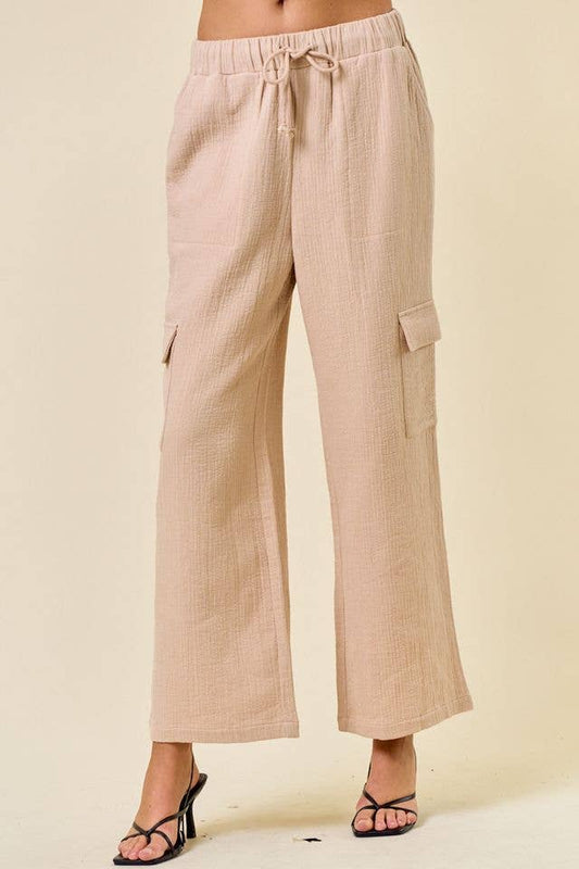 EMBROIDERED COTTON GAUZE ELASTIC CARGO PANTS - 8834P
