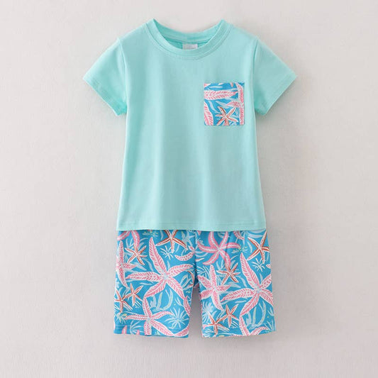 Summer Boys Blue Coral Starfish Short Sleeve Top Shorts Set