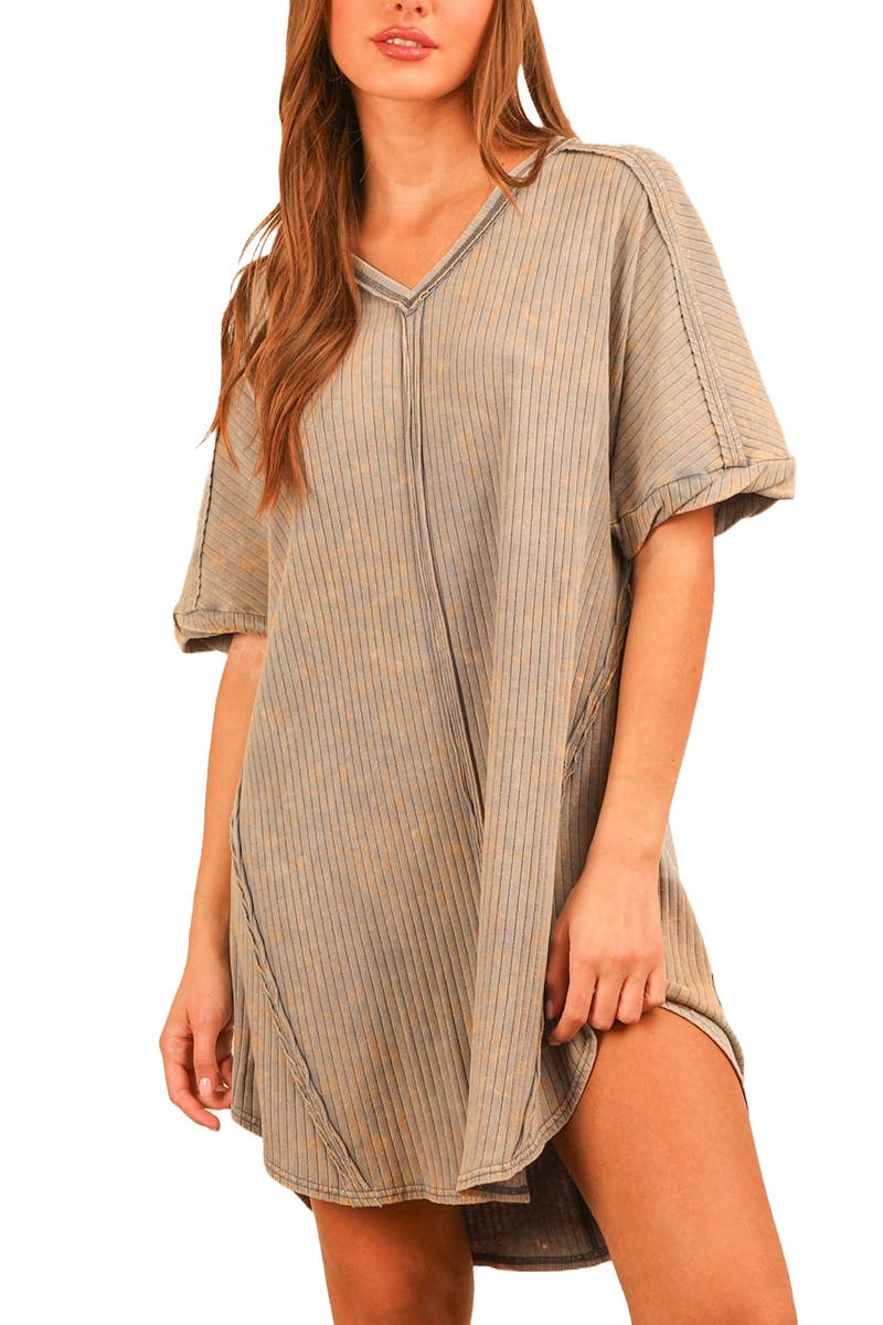 Mineral Washed Ribbed Knit Shift Mini Dress