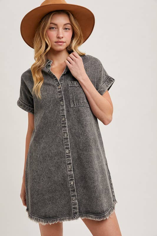 Frayed Hem Denim Shirt Dress