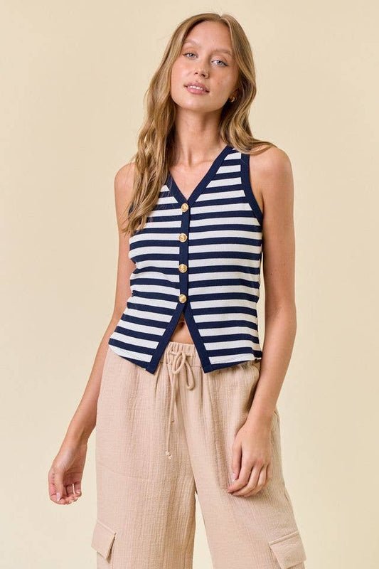 STRIPE KNIT BUTTON FRONT TANK - 45176T