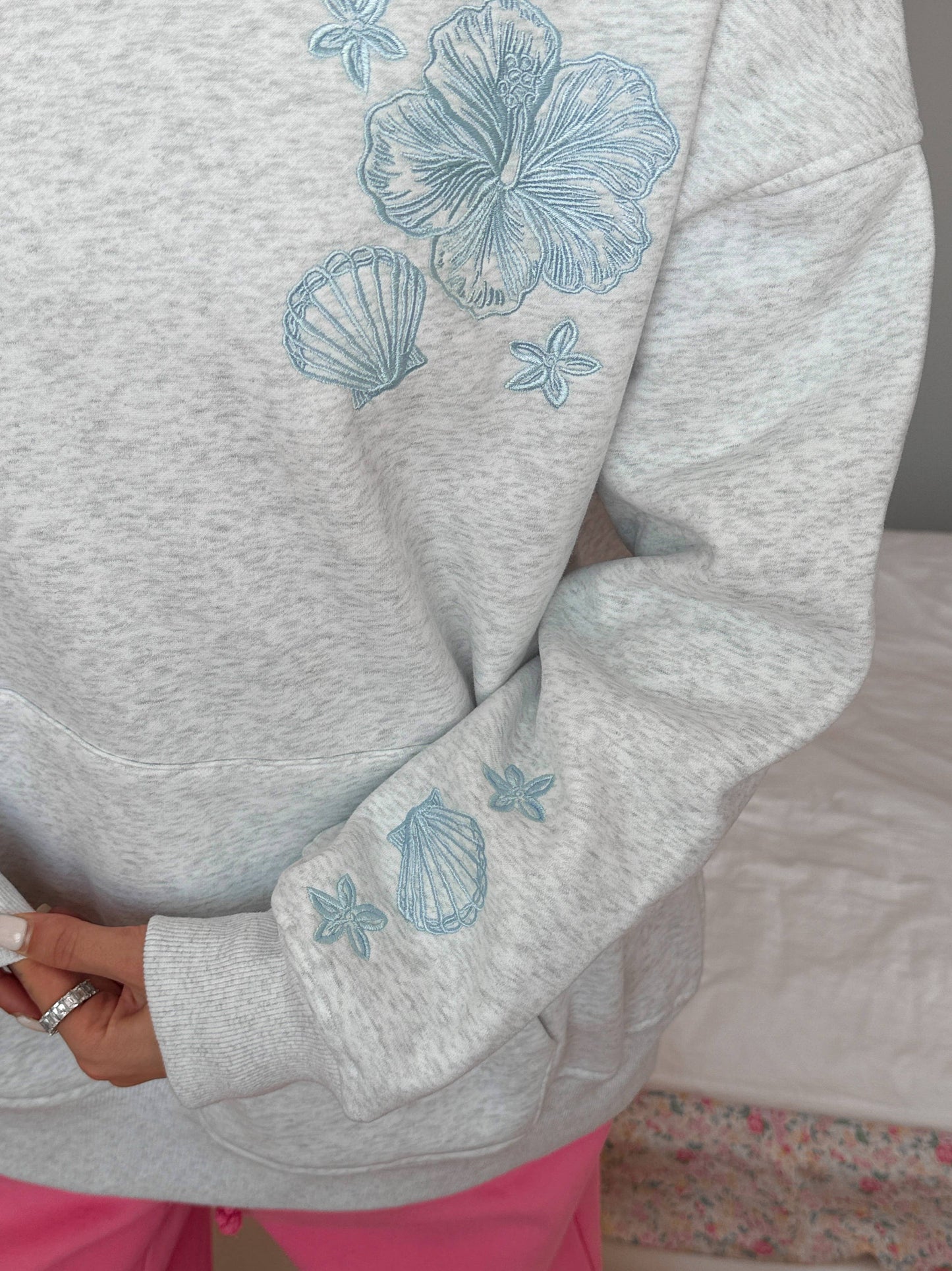 Pearl Grey Tropical Embroider Hoodie