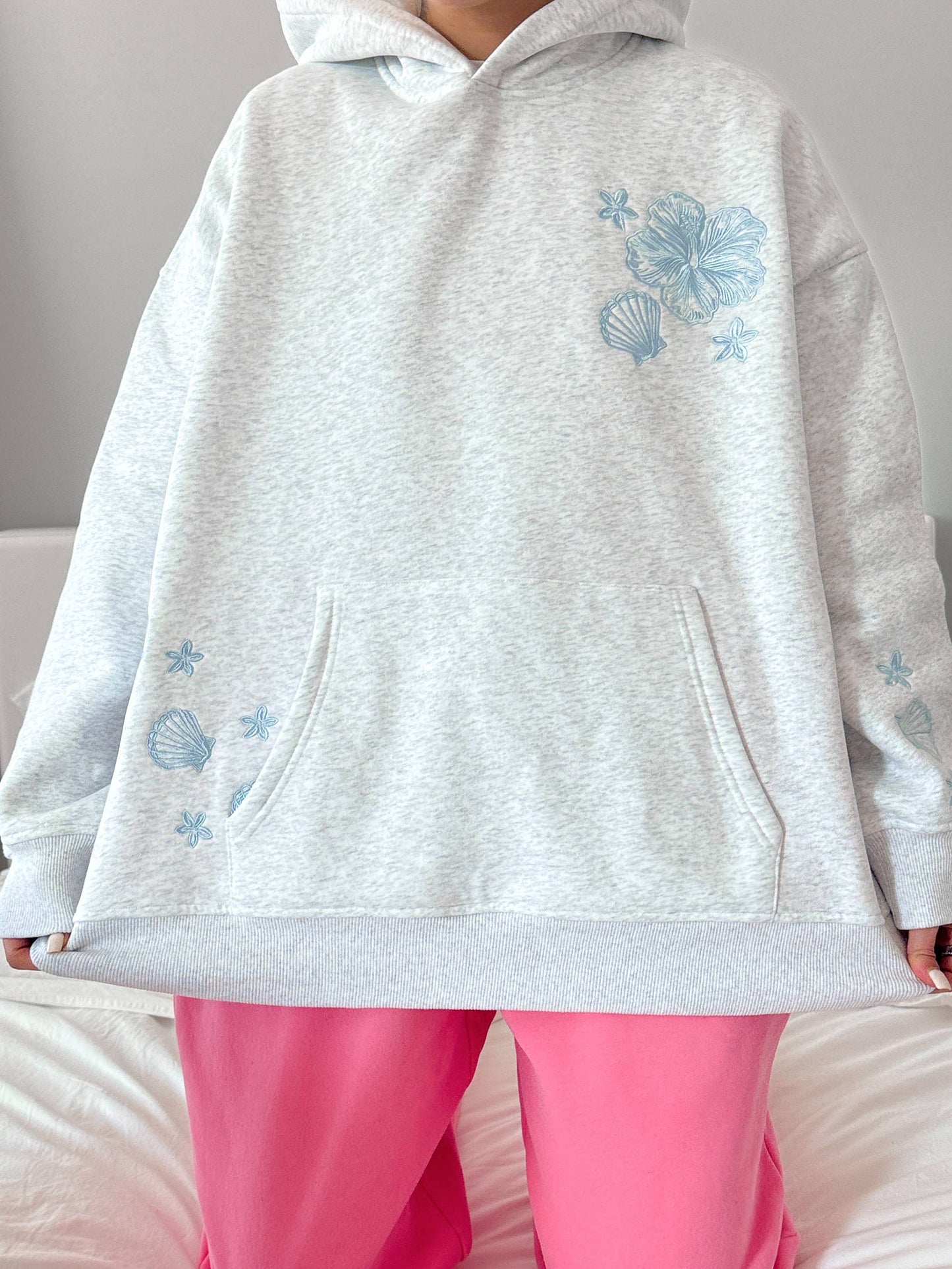 Pearl Grey Tropical Embroider Hoodie