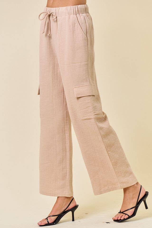 EMBROIDERED COTTON GAUZE ELASTIC CARGO PANTS - 8834P