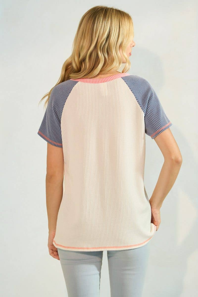 Rib Color Block Button Front Henley Top